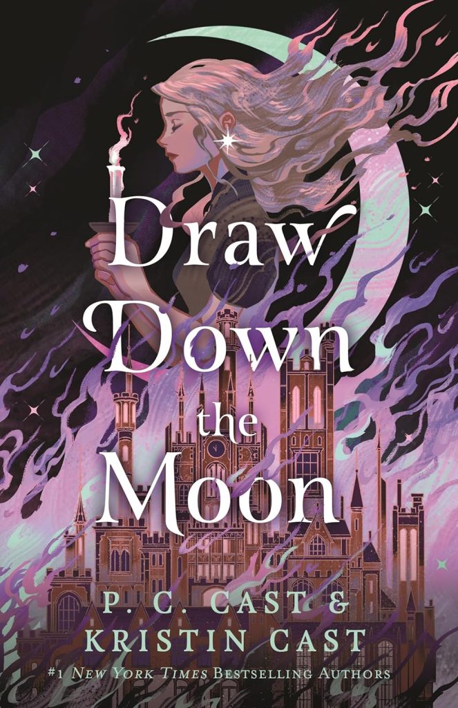 Draw Down The Moon by P.C. Cast and Kristin Cast. Book art of a girl holding a candle, the castle underneath her engulfed in the flames.