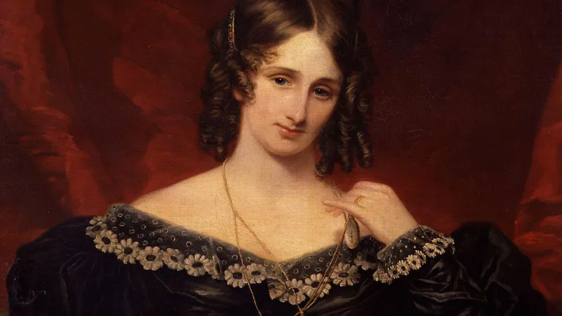painted portrait of Mary Shelley with a red background in a black gown with flowers around the neckline.