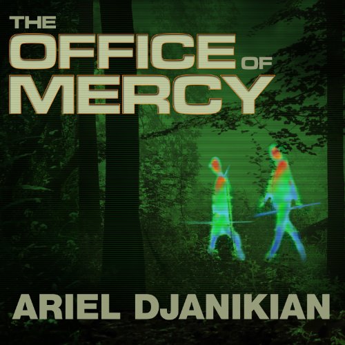 The office of mercy by ariel djanikian, two people walking through the woods as seen through heat censoring goggles