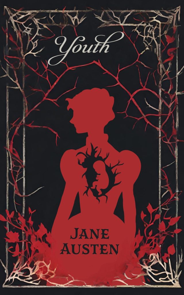 A black and red background with red and light brown brambles and leaves bordering the edges. The title is in white lowercase letters at the top in lowercase calligraphy writing. A red silhouette of a woman dressed in early 1900s clothing with an infant inside the shape of a black silhouetted heart. The author's name is at the bottom set inside the skirt of the woman in black lettering.