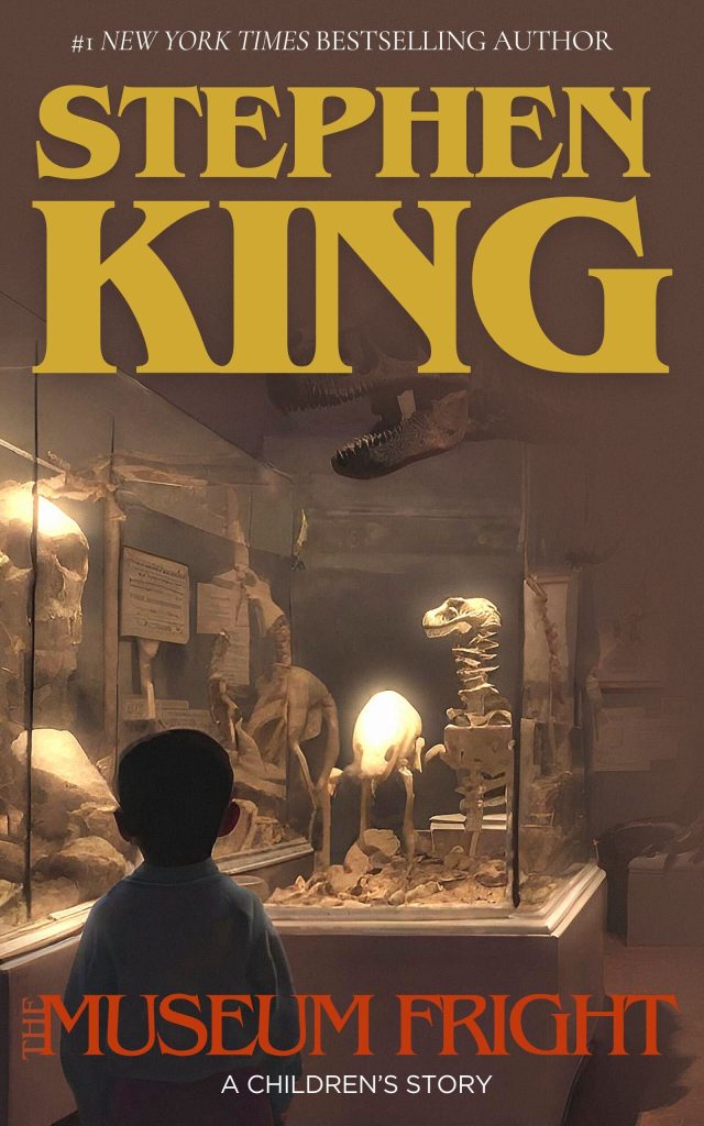 An ancient-esque brown background with a museum in the foreground with artifacts, from dinosaurs to old skulls sitting under and behind glass. A young boy with his back turned facing the exhibits. The author's name is large and bolded in yellow at the top of the cover. The title is smaller, in red at the bottom of the cover.