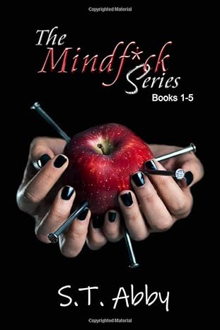 Two hands with black nails holds a red apple that is pierced with nails against a black background.