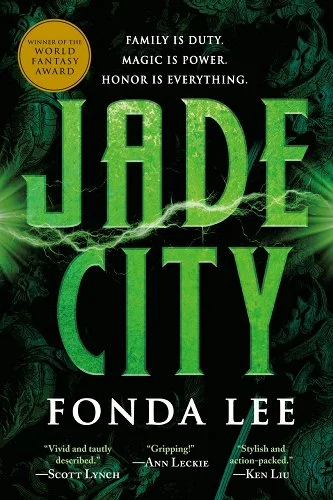 "Jade City" is written in green text with a spark of green lighting across it. It sits against a dark green background.