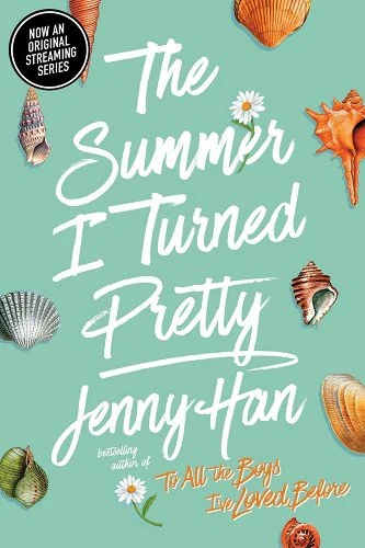 "The Summer I Turned Pretty" is in white text against a light/sea-foam green background surrounded by various seashells.