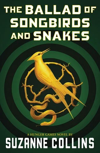A golden songbird and snake sit on a circular tree branch against a swirly green and black background..