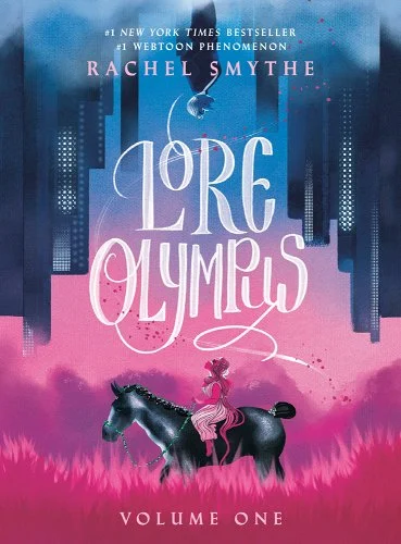 "Lore Olympus" written in white text in the center. The top half of the cover is blue with an upside-down blue figure and a city. The bottom half is pink with a pink figure on a horse in a pink field.