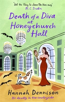 A woman stands in a room in a red dress and looks into a hand mirror as a dog looks at her. Bats and chandeliers surround her. The walls are green, and the floor is orange.