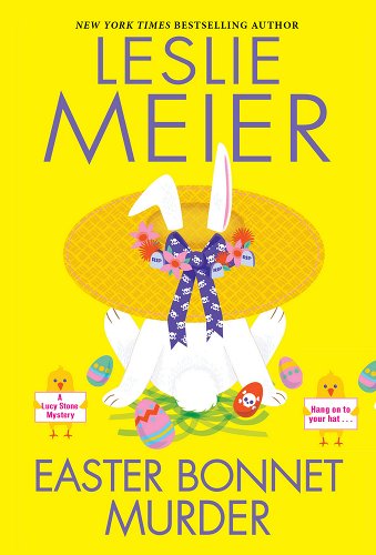 A white rabbit is turned away from the viewer wearing a garden hat. It's surrounded by Easter eggs, sitting on green Easter grass against a bright yellow background.