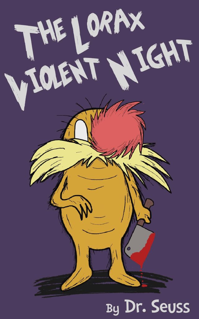 The Lorax creature with its little yellow body and red poof and furry mustache sits in the foreground. It holds a little cleaver in its hand. The title is at the top in large, off-white letters. The author's name is at the bottom in small, off-white letters. Everything is set against a dark purple background.