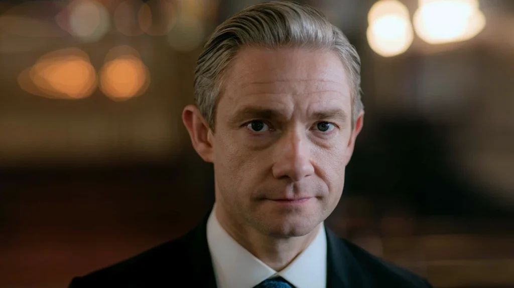 martin freeman playing Dr John Watson, wearing a suit and with his hair greyed and slicked back