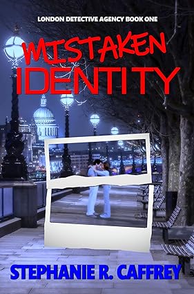 Mistaken Identity by Stephanie R. Caffrey, book cover depicting a man and women on a boardwalk on a torn polaroid film.