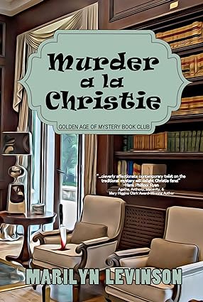 Murder a la Christie by Marilyn Levinson, book cover of a home library from the 1950s with a bloody knife in the chair.