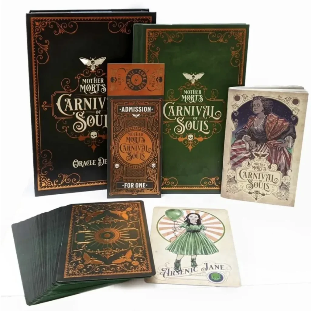 A display of the Mother Mort's Carnival of Souls tarot deck and books.