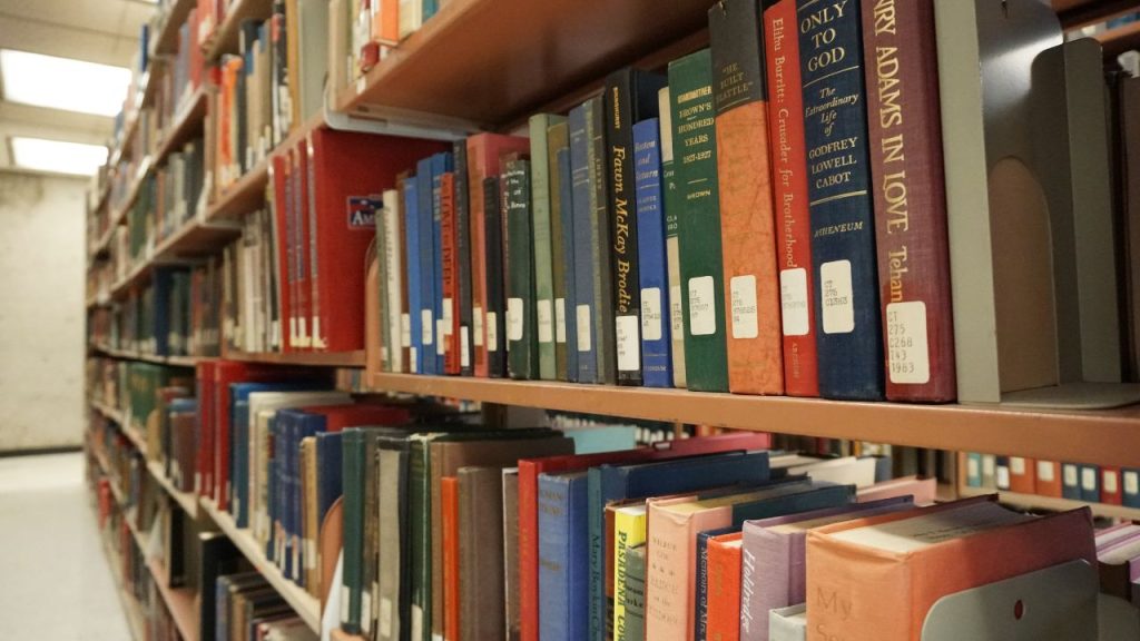 A shelf of colorful library books. The white identifying stickers are placed on the lower part of the spine.