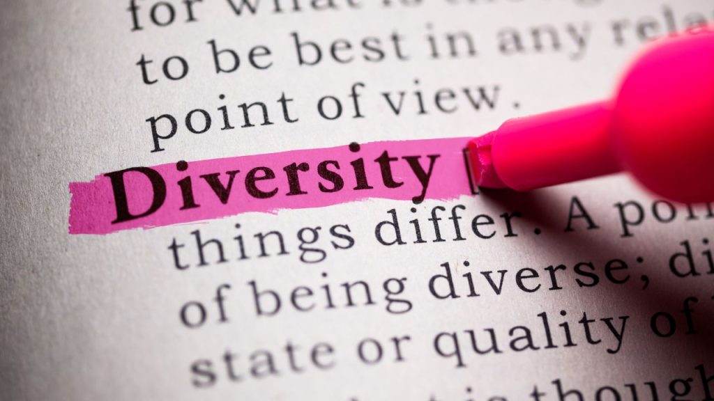 A dictionary page focused in on the word "Diversity." A pink highlighter coming from the right, highlights the word.