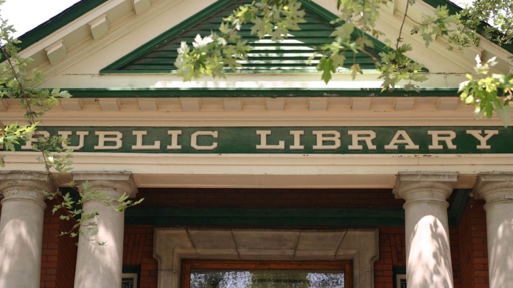 The front of a public library is framed by leafy green trees. There are two white columns on either side of the brick-walled entrance. Sections of the white awning are painted green, and right about the columns are engraved with the words "Public Library" in white against green paint.