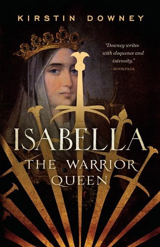 Isabella of Castile's portrait is on the left side of the image with a circle of golden swords positioned in the foreground.