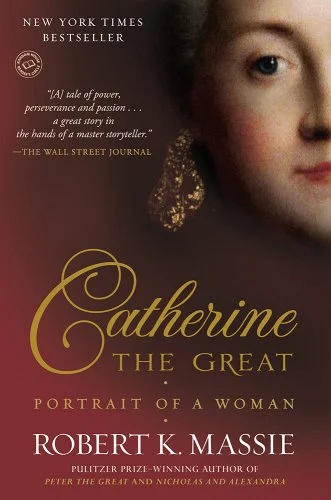 A depiction of Catherine the Greats face is in the top right corner wearing an earring against a red background.