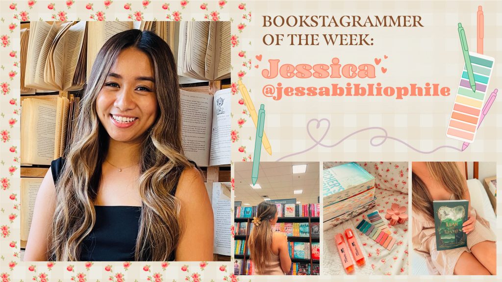 Collage of pictures from Bookstagrammer Jessica's Instagram. On the left is a portrait of her and three smaller images of her in a bookstore and her book review images are on the bottom right. Graphics of stationary decorate the title.