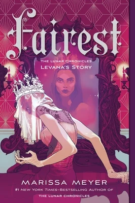 'Fairest' by Marissa Meyer book cover showing a woman sitting in front of a mirror with her face covered by a veil, with another woman in the mirror.