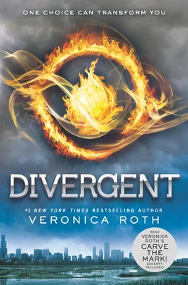 'Divergent' by Veronica Roth book cover showing what looks like a fire eyeball above a city.
