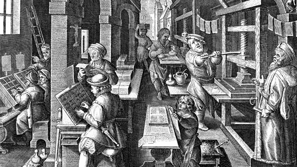 Old drawing of how books where made by hand