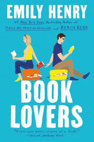 Book Lovers by Emily Henry. A book cover art of a man and woman turned away, holding hands, and reading books.