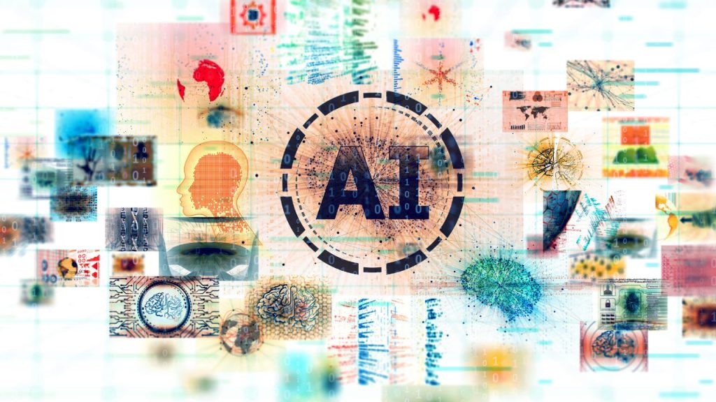 A colorful graphic of the words A.I. encased in a black circle, with multiple A.I. related images coming off of it. Some of those images include a human brain, a map, and technological computer screens.
