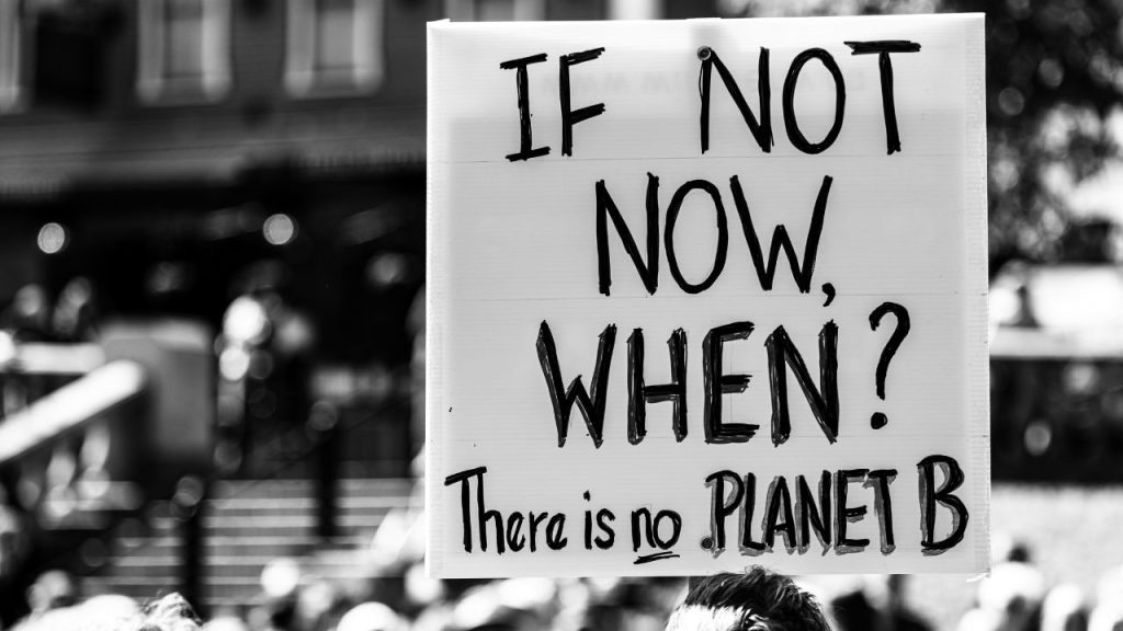A black and white image of a protest sign that says "If not now, when? There is no Planet B." Blurred in the background is a building.
