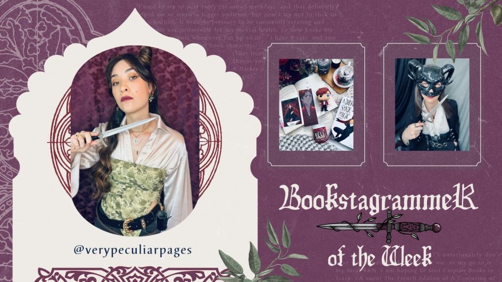 Bookstagrammer of the Week, Kaylee in cosplay with a mauve background, showcasing Shades of Magic merch, with character Kell Maresh