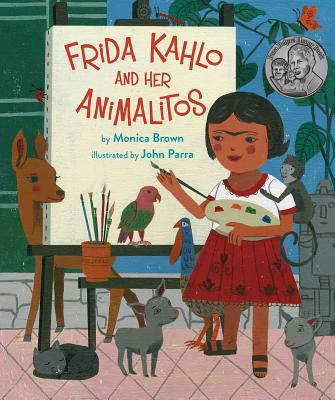 An illustration of Frida Kahlo standing in front of a white canvas with a paintbrush with a variety of animals surrounding her.