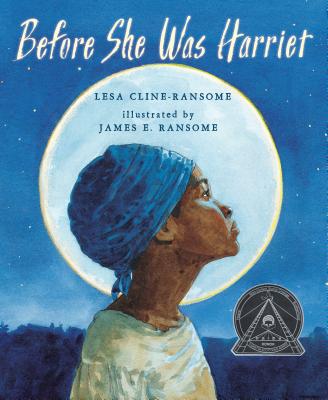 An illustration of Harriet Tubman looks to the right side of the image as a moon backdrops her head against a night blue sky.
