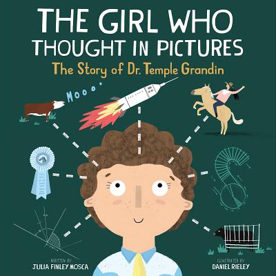 A woman's head is in the center of the image from the bottom. She is surrounded by drawings of various images, like cows, horses, and a rocketship.