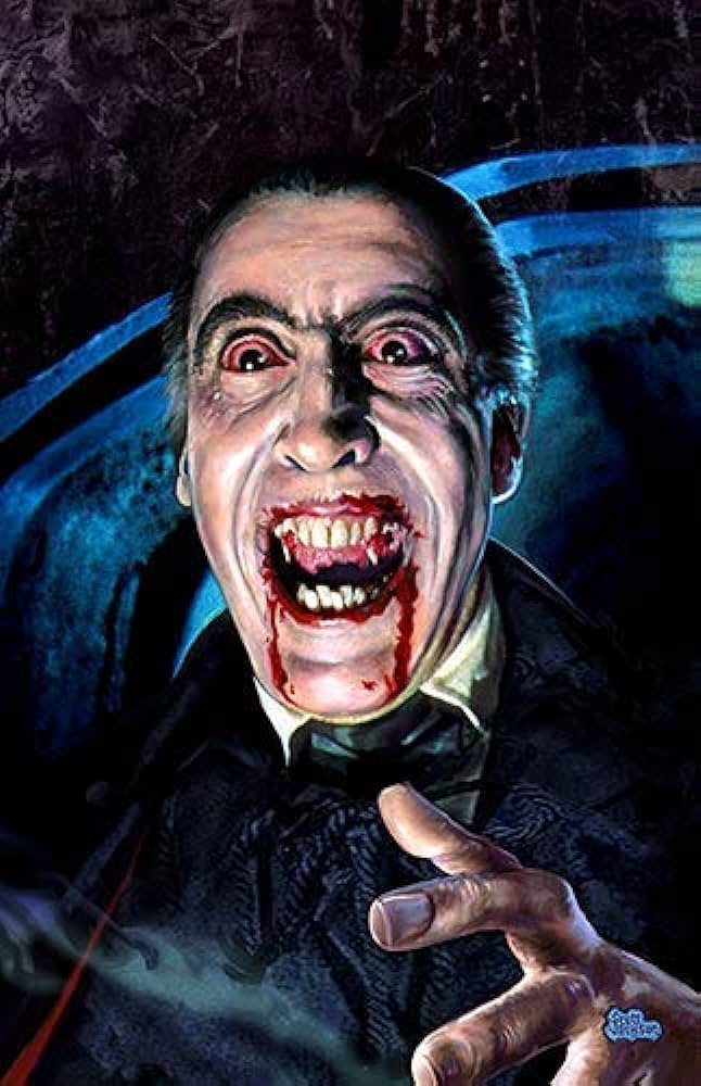 christopher lee as dracula with blood all around his mouth.