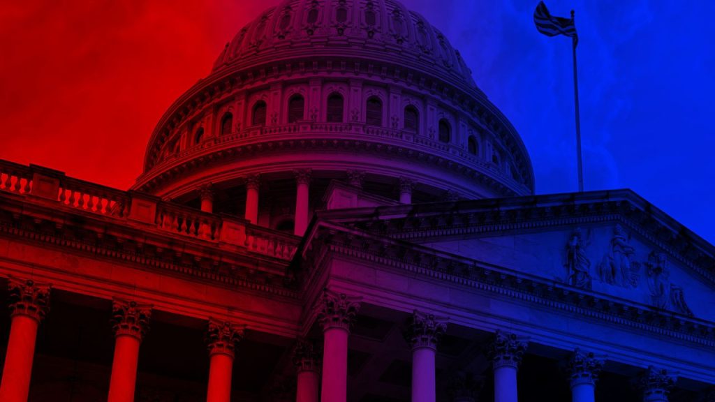 The U.S. Capitol Building is filtered half and half in red and blue, representing the two political parties.