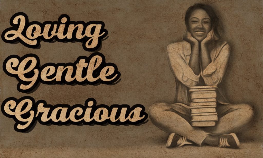 Loving gentle gracious girl with a stack of books.