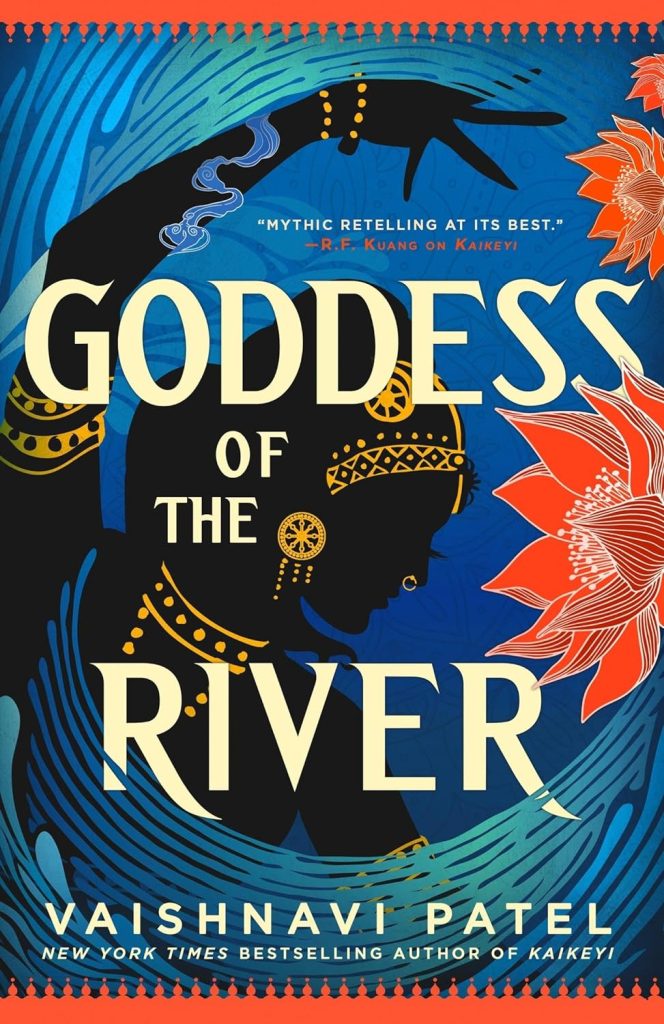 Goddess of the River by Vaishnavi Patel. A image of the river goddess, lotus flowers, and decorated in gold.