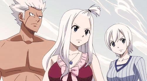 Mirajane, Elfman, and Lisanna glaring at something offscreen.