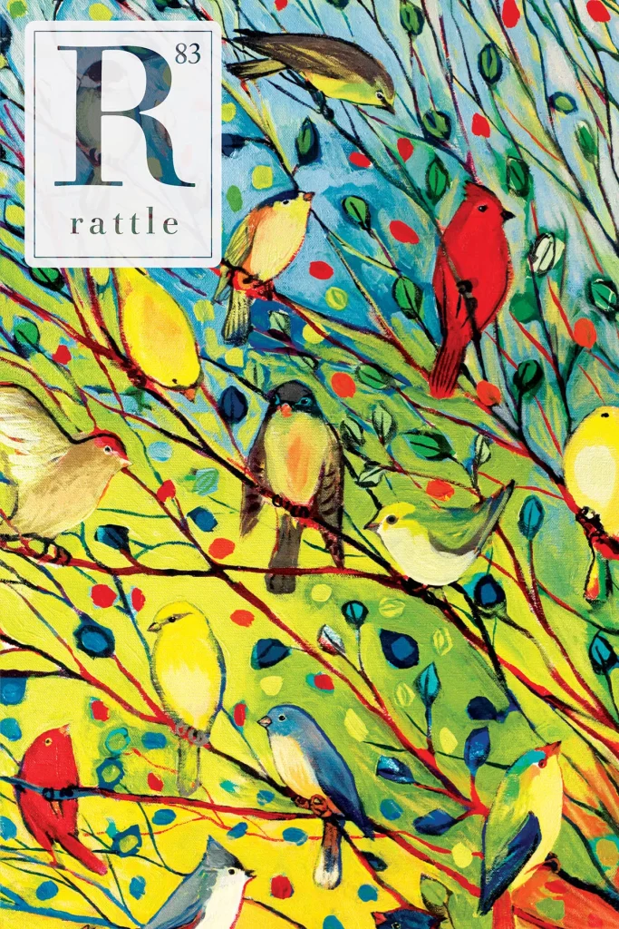 'Rattle' poetry magazine 83rd issue cover with colorful birds sitting on tree branches.