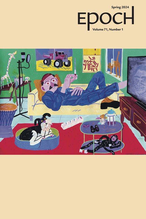 'Epoch' volume 71, first issue showing a man lying on a couch and watching TV with a dog.
