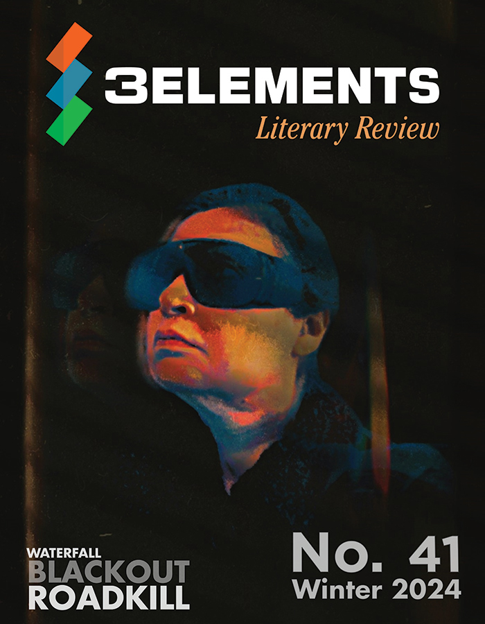 '3Elements Literary Review' 41st issue cover showing a person wearing a blindfold.
