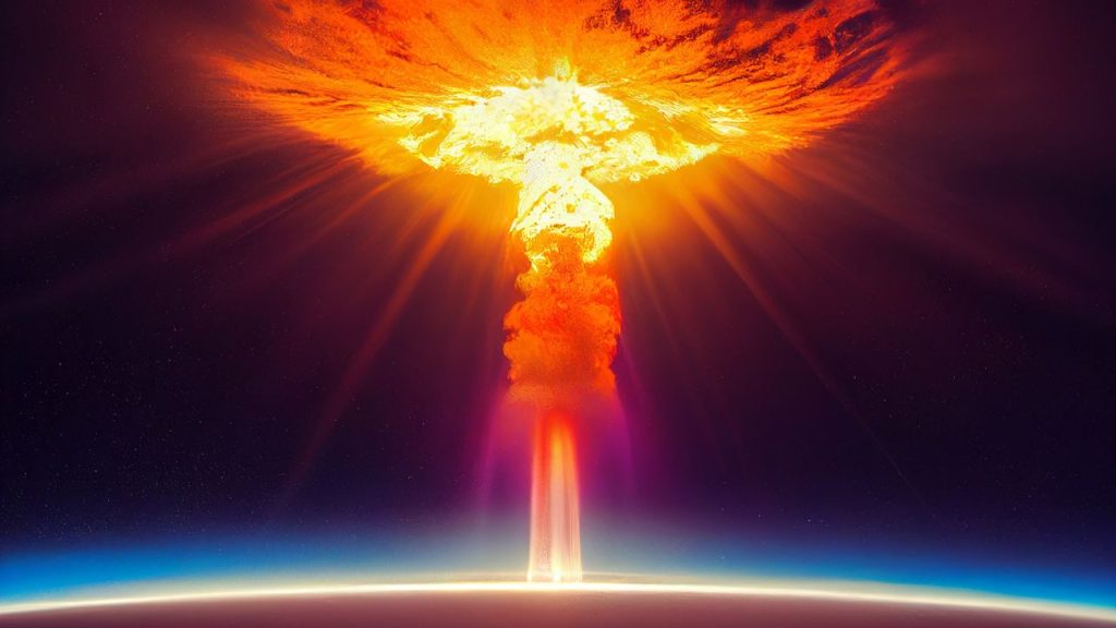 A big red explosion with a dark purple background.