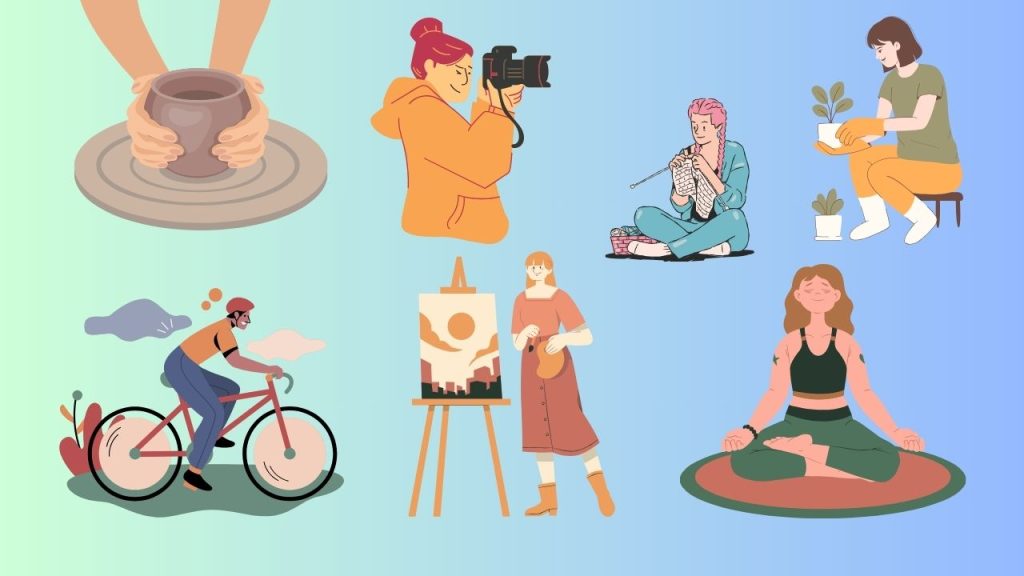 On a green and blue gradient background, multiple graphics of people doing different hobbies are collaged together. Two hands are creating a pottery bowl, a man bikes through nature, another holds up a camera, one paints a cityscape, another does yoga on a green and red circular yoga mat, one sits cross-legged crocheting, and another sits on a small stool and pots house plants.