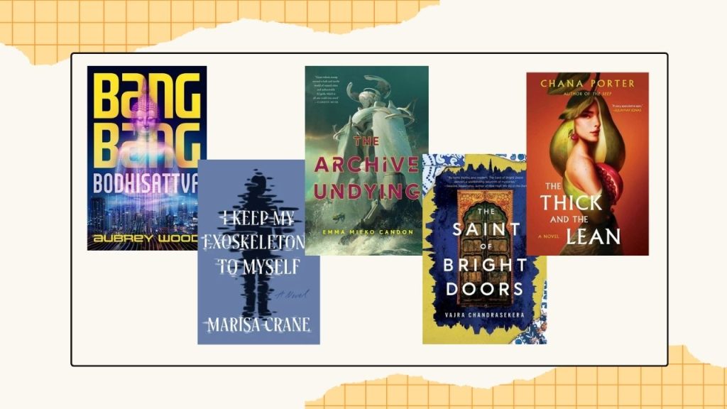 Five book covers to showcase the finalists for the LGBTQ+ Speculative Fiction category.