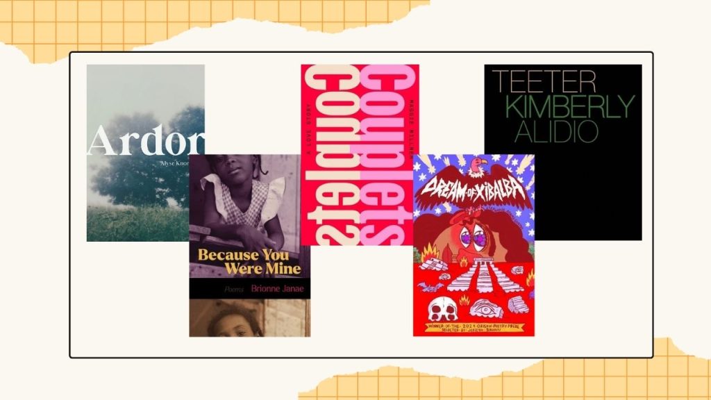 Five book covers to showcase the finalists for the Lesbian Poetry category.