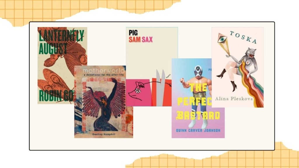 Five book covers to showcase the finalists for the LGBTQ+ Poetry category.