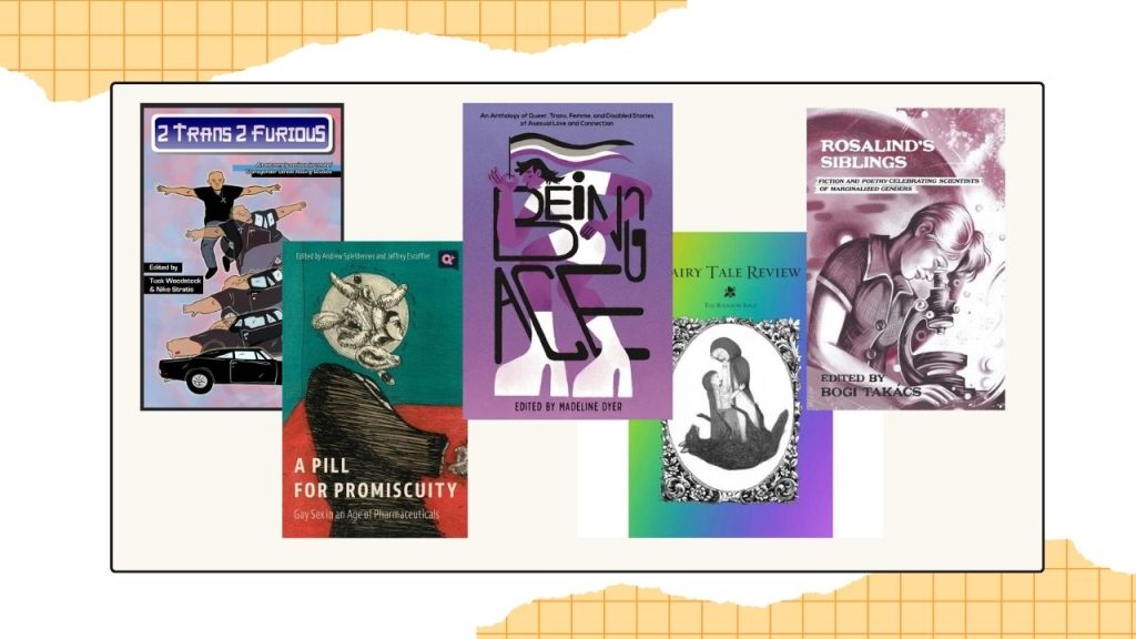 Five book covers to showcase the finalists for the LGBTQ+ Anthology category.