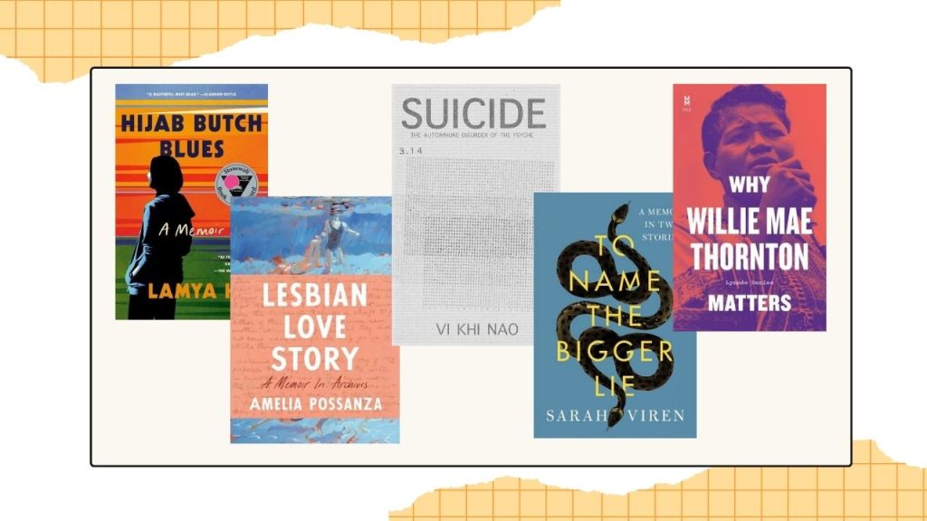 Five book covers to showcase the finalists for the Lesbian Memoir/Biography category.