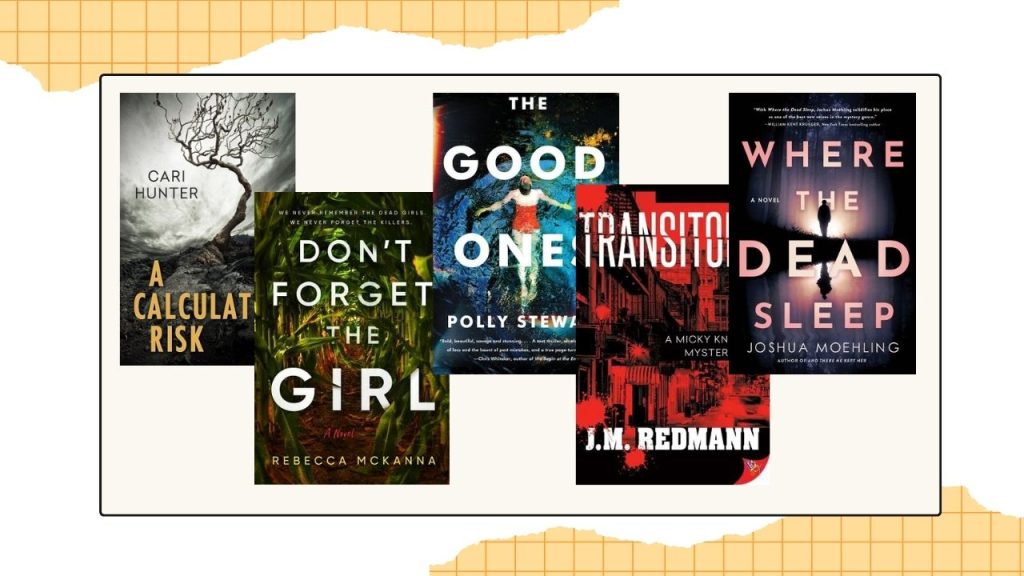 Five book covers to showcase the finalists for the LGBTQ+ Mystery category.