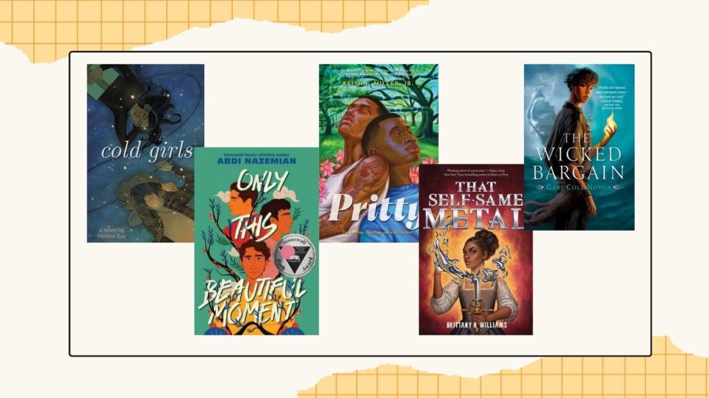 Five book covers to showcase the finalists for the LGBTQ+ Young Adult category.